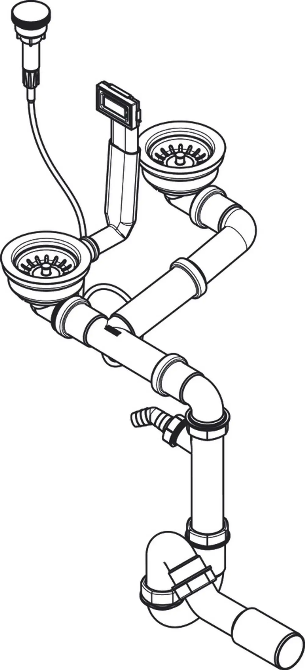 Schema einer Siphon-Installation für ein Doppelbecken mit Verbindungselementen, einschließlich einer automatischen Ablaufsteuerung, hergestellt von Hansgrohe.